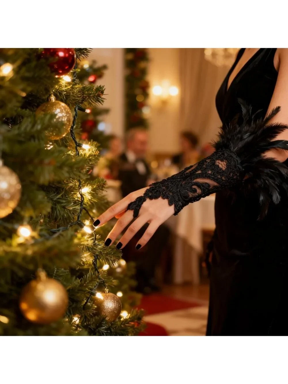 Elegant Lace Feather Long Gloves - Gothic Mesh Cuff for Wedding & Halloween